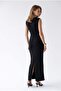 2181 Women's Degaje Collar Gathered Waist Slit Long Dress Black - 6