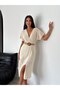 Women's V-Neck Belted Detailed Slit Linen Midi Dress