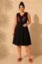 Women's Black Plus Size V-Neck Front Embroidered Buttoned Sleeveless Flared Viscose Flexible Short Dress - 6