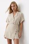 Women's Raw Linen Jacket Collar Oversize Linen Shirt and Tie-Up Shorts Skirt Set Alc-X13941