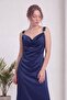 Women's Draped Collar Gold Detailed Maxi Length Satin Evening Dress Navy Blue, Plum - 2