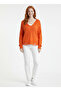 Orange Perforated V-Neck Women's Knitwear Sweater - 4