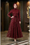 Silvery Belted Hijab Evening Dress 5808-03 Claret Red - 2