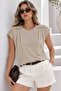 Women's Beige Cotton Modal Crew Neck T-Shirt - Short Sleeve Blouse with Accessory Detail