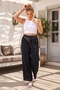 Italian Black Pocketed Belted Elastic Waist Wide Leg 100% Linen Woven Trousers 97 64 - 6