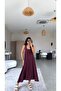 Burgundy Tencel Fabric Oval Collar Long Dress - 4