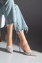 Women's Silver Pearl Stone Embellished Pointed Toe Thin Heeled Tulle Satin Design Evening Dress Shoes - 3