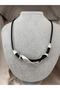 Women's Black Knitted Leather Cord Silver Color Twisted Metal Detailed Modern Design Stylish Neck Necklace