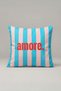 Turquoise and Pink Striped Cushion Cover with Amore Writing – Aqua Amore Design, 40 X 40 Cm.