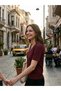 Luxury Gold Series |   Luxury V-Neck Contrast White Piping Detailed Italian Ribbed Women's T-Shirt - Burgundy - 3