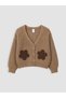 Lcw Kids Brown V-Neck Floral Embroidered Girls' Knitwear Cardigan