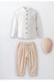 Boy's Linen Suit with Hat - White High Collar Long Sleeve Shirt and Beige Pants Shalwar Special Occasion / Wedding Birthday Combination - 4