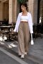 Women's Beige Muslin Wide-Legged Trousers with Pockets, Elastic Waist, Lace-Up, Comfortable Fit Pants - 6