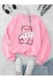 Women's Pink Love Bear Printed Oversize Crew Neck Sweatshirt