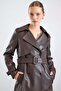 Leather Trench Coat with Cape Detail and Snap Closure Brown 6875 - 4