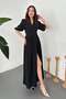 Women's Black Double-Breasted Collar Belted Balloon Sleeve Slit Muslin Maxi Dress