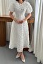 Women's White Midi Rose Appliqué Balloon Sleeve Round Neck Lined Event Dress - 5