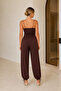 Women's Thin Strap Gathered Detailed Blouse and Ankle-Tie Pants Two-Piece Set - Brown - 4