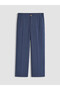 Navy Blue Elastic Waist Linen Blend Women's Trousers - 5