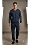 Men's Large V-Neck Footed and Cuffed Sleeves Pajama Set 90% Cotton, 10% Viscose Inner Fabric Winter Wear - 2
