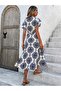 Women's short sleeve double breasted lapel waist lace up patterned supreme midi dress - 2