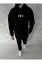 Long Sleeve Hooded Sweatshirt with Chest Print - Black