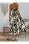 Women's Rope Strap V-Neck Long Patterned Single Jersey Dress with Belt at the Waist - 6