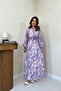 Women's Lilac Chiffon Floral Patterned Gipeli Waisted Double Breasted Collar Maxi Dress - 2