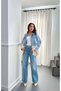 Women's Blue Denim Jacket with Knitwear Trim, Shirt Collar, Buttoned Pocket Detail, Long Sleeves - 3