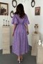 Women's Lilac Midi Shirt Collar Balloon Sleeve Belted Pleated Cotton Dress - 5