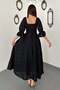Women's Black Brode Embroidered Square Neck Balloon Sleeve Belted Lined Long Flared Dress - 5