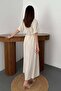 Women's Beige Maxi Dress V-Neck Short Sleeve Gathered Belted Slit - 5