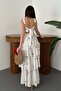 Women's Red Flower Patterned Strappy Square Neck Layered Tie Back Floral Maxi Dress - 5