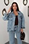 Women's Snow Washed Top and Bottom Set Jeans Jacket Pants Set Buttoned Pocketed Wide Leg Denim - 3