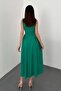 Women's Green Sleeveless Round Neck Gathered Side Midi Length Flared Dress - 5