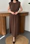 Women's Brown Skirted Jumpsuit Dress Round Neck Gathered Waist Midi Flowy - 4