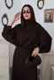 Women's Brown Jacquard Satin Dress High Neck Bat Sleeve Elastic Waist Maxi - 3