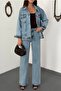 Women's Snow Washed Top and Bottom Set Jeans Jacket Pants Set Buttoned Pocketed Wide Leg Denim - 4