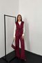 Women's Burgundy Suede Vest and Trousers Set with Zipper, Lacing, Pockets, Wide Legs