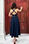 Women's Blue Strap Belted Pocketed Square Neck A-Line Midi Denim Dress - 6