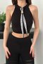 Women's Black Top and Bottom Set Knitwear Top and Bottom Set Openwork Crop Halter Neck Scarf Detailed Wide Leg Pants - 4