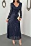 Women's Navy Blue V-Neck Long Sleeve Backless Sequined Midi Dress - 4
