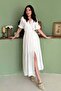Women's White Double-Breasted Collar Belted Slit Short Sleeve Muslin Maxi Dress