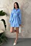 Women's Blue Shirt Collar Long Sleeve Belted Waist Buttoned Short Two-Piece Set