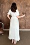 Women's Beige Double-Breasted Collar Belted Slit Short Sleeve Muslin Maxi Dress - 5