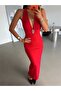 V-Neck Dress with Buckle at the Waist - Red - 4