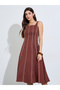 Brown Piping Detail Square Neck A-Line Midi Dress - 2