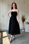 Strappy Chest Detail Glittery Midi Floral Patterned Black Dress