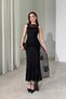 Women's Black Glittery Floral Embroidered Transparent Detailed Maxi Tulle Dress with Belt on the Front