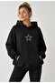 Women's Shining Stone Star Patterned Oversize Sweatshirt with Inner Lining - 2